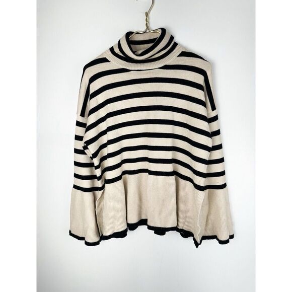 Neutral Ground Women’s Size L Turtleneck Ribbed Striped Pullover Sweater Beige - Picture 1 of 8